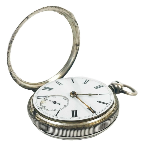 9 - A Victorian silver open face key wind verge pocket watch. 40mm white enamel dial, the plate movement... 