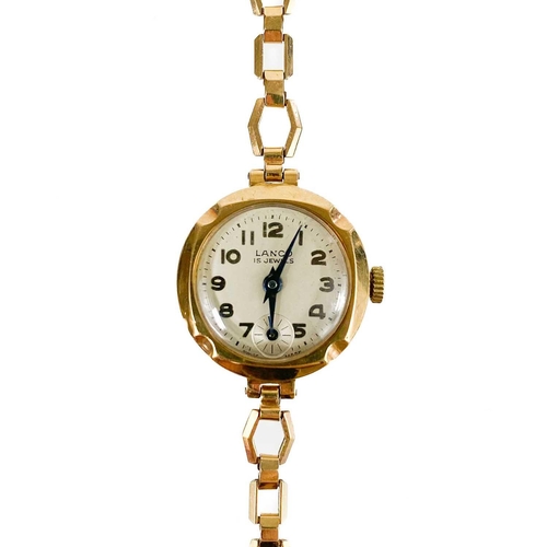 92 - A 9ct gold lady's manual wind bracelet wristwatch. The 18mm silvered dial signed Lanco, 15 jewel mov... 