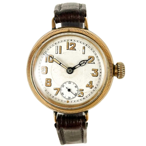 95 - A good Edwardian 9ct gold cased Officers trench wire-lug wristwatch. London 1909, the white 28mm dia... 