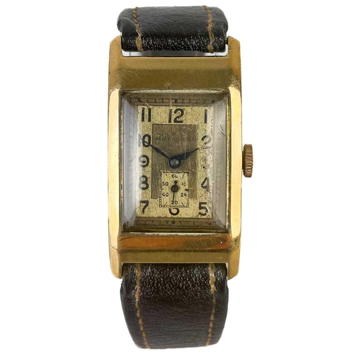 110 - A 1930's 9ct cased Art Deco rectangular manual wind gentleman's wristwatch. The 17mm dial with Arabi... 