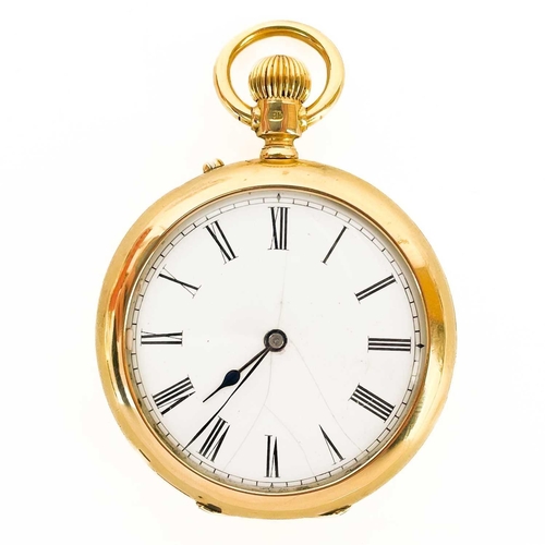 13 - An 18ct gold open face crown wind fob pocket watch in a silver mounted travel case. The unsigned 30m... 