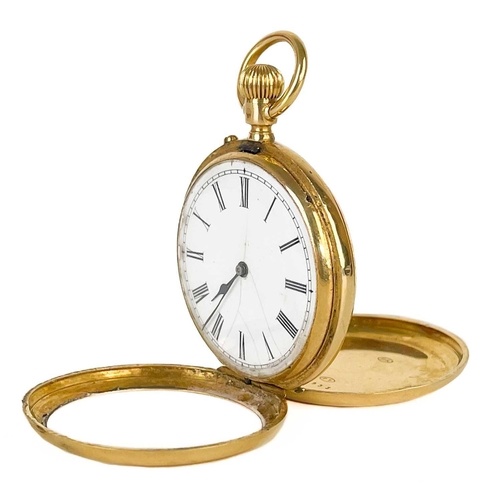 13 - An 18ct gold open face crown wind fob pocket watch in a silver mounted travel case. The unsigned 30m... 