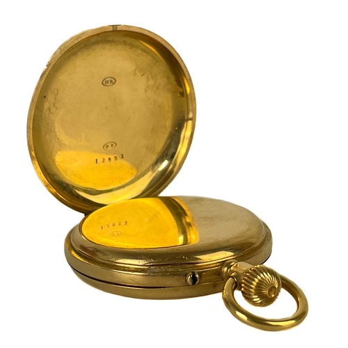 13 - An 18ct gold open face crown wind fob pocket watch in a silver mounted travel case. The unsigned 30m... 