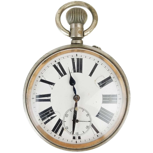 14 - A nickel case Goliath crown wind pocket watch. With 56mm white enamel and subsidiary seconds dial, u... 