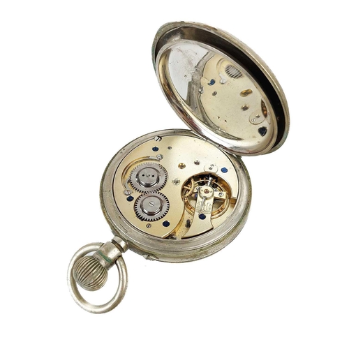 14 - A nickel case Goliath crown wind pocket watch. With 56mm white enamel and subsidiary seconds dial, u... 