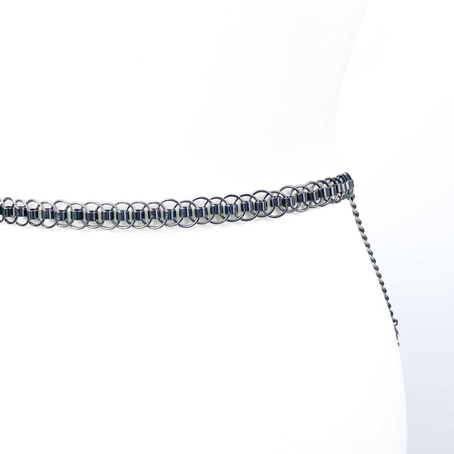 146 - A Chanel faux pearl steel tone metal belt/necklace. With CC crystal set pendant, stamped 'CHANEL MAD... 