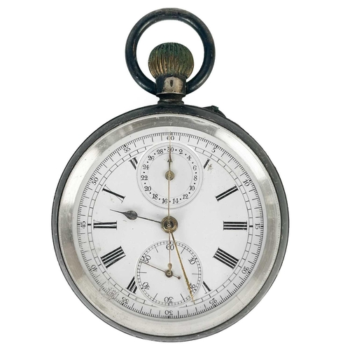 15 - An .935 silver cased open face crown wind chronograph pocket watch. The 40mm white enamel dial with ... 