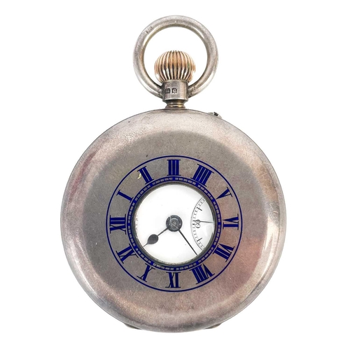 16 - An Edwardian silver half hunter crown wind pocket watch by Goldsmiths Company. The 40mm white enamel... 