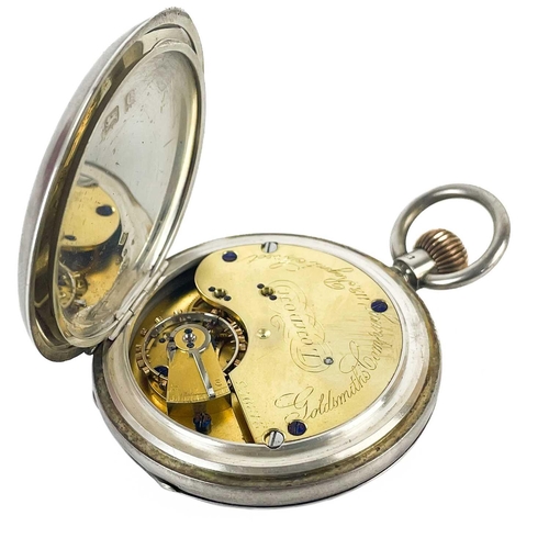 16 - An Edwardian silver half hunter crown wind pocket watch by Goldsmiths Company. The 40mm white enamel... 