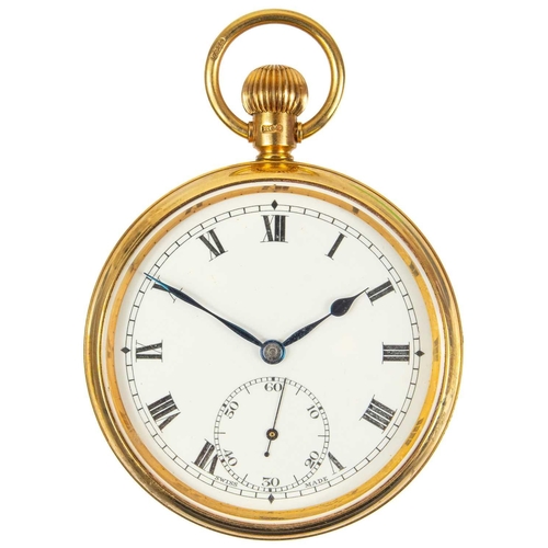 21 - A 9ct rose gold open face crown wind pocket watch. The 42mm white enamel dial with black Roman numer... 