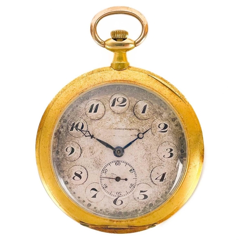 22 - An 18ct gold cased Art Deco open face crown wind dress pocket watch. The 36mm silvered dial with Ara... 