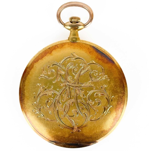 22 - An 18ct gold cased Art Deco open face crown wind dress pocket watch. The 36mm silvered dial with Ara... 