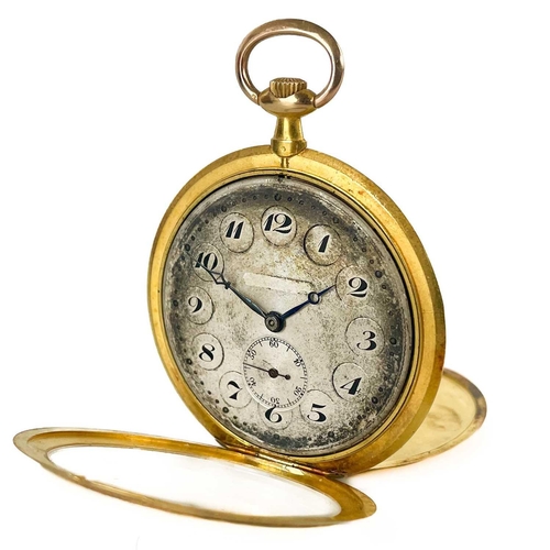 22 - An 18ct gold cased Art Deco open face crown wind dress pocket watch. The 36mm silvered dial with Ara... 