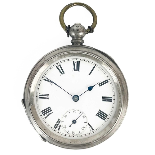 25 - An 800 silver open face key wind lever pocket watch. With 34mm white enamel dial, the movement signe... 