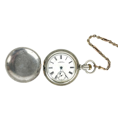 27 - A Waltham 925 silver full hunter crown wind pocket watch. The 45mm white enamel dial with Roman nume... 