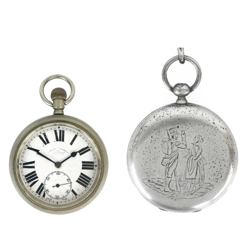 29 - An American silver plated full hunter pocket watch with lever movement (lacks dial) The outer case e... 