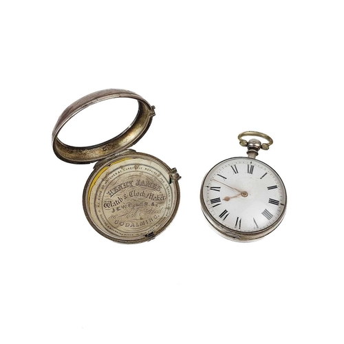 31 - A George IV silver pair case fusee pocket watch. With 46mm white enamel dial with Roman numerals, th... 