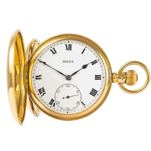 33 - ROLEX - An early 20th century 18ct gold full hunter pocket watch. The signed 40mm white enamel dial ... 