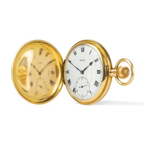 33 - ROLEX - An early 20th century 18ct gold full hunter pocket watch. The signed 40mm white enamel dial ... 