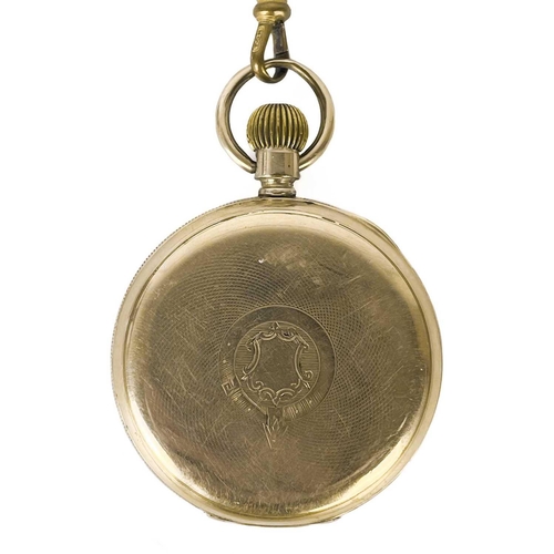 35 - A Waltham rolled gold crown wind open face pocket watch. The 42mm white enamel dial with black Roman... 