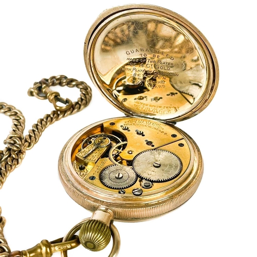 35 - A Waltham rolled gold crown wind open face pocket watch. The 42mm white enamel dial with black Roman... 