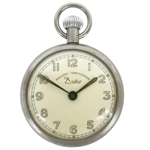 39 - A Duke 'RAILWAY TIMEKEEPER' crown wind nickel case pocket watch. Diameter 48mm.