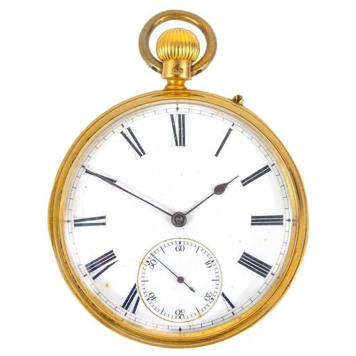 4 - A Victorian 18ct gold open face crown wind pocket watch. The 46mm white enamel dial with subsidiary ... 