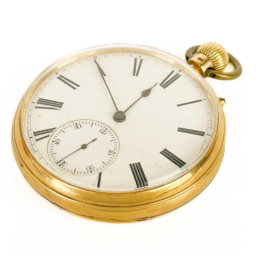 4 - A Victorian 18ct gold open face crown wind pocket watch. The 46mm white enamel dial with subsidiary ... 