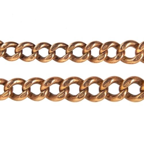 41 - A 9ct rose gold graduated curb link Albert watch chain. With applied gold plated enamel egg shaped f... 