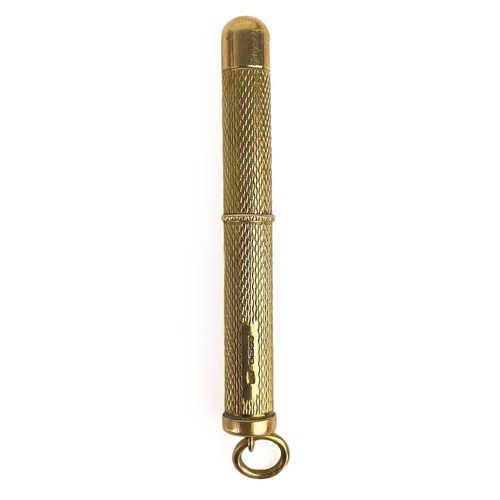 47 - A George V 9ct gold propelling tooth pick fob. With engine turned decoration, Sheffield 1923, 6.39g.