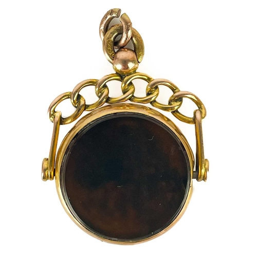 49 - An Edwardian 9ct gold bloodstone and possibly jasper set swivel fob. Hallmarked Chester 1905, width ... 