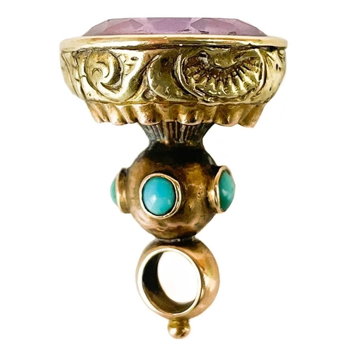 55 - A Victorian bi-colour gold, turquoise and amethyst set fob seal. The stem set with four turqouise ca... 