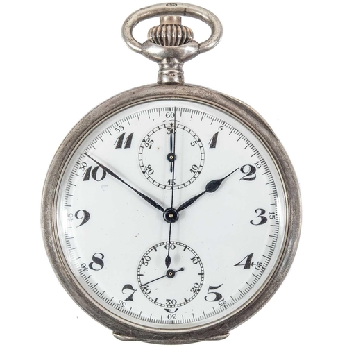 6 - A silver cased chronograph centre seconds crown wind lever pocket watch. With 44mm white enamel dial... 