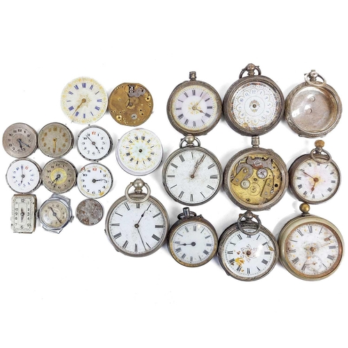 63 - A collection of fob watches, wrist watches and movements for spare or repairs. Eight with silver cas... 