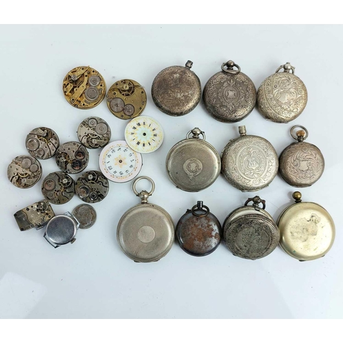 63 - A collection of fob watches, wrist watches and movements for spare or repairs. Eight with silver cas... 