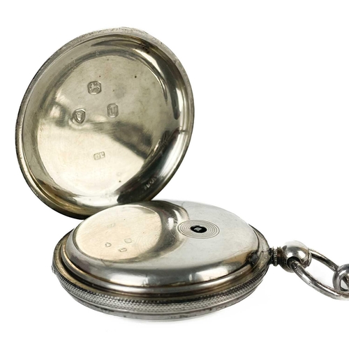 7 - A Victorian silver cased full hunter key wind pocket watch with Albert watch chain. The 40mm white e... 