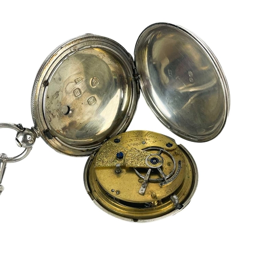 7 - A Victorian silver cased full hunter key wind pocket watch with Albert watch chain. The 40mm white e... 