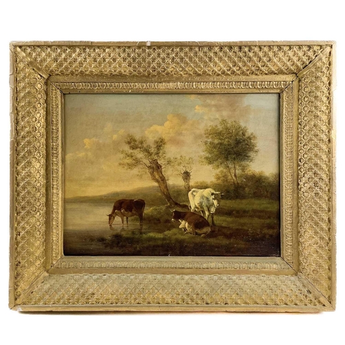 118 - English School, circa 1820 Bucolic scenes with cattle watering, oil on panel, a pair, 25X33, in latt... 