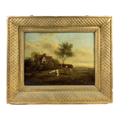 118 - English School, circa 1820 Bucolic scenes with cattle watering, oil on panel, a pair, 25X33, in latt... 