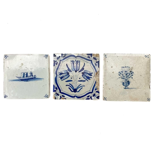 123 - A Delft blue and white tile, painted with a merchant in a boat. 18th century, 12.5cm square, togethe... 