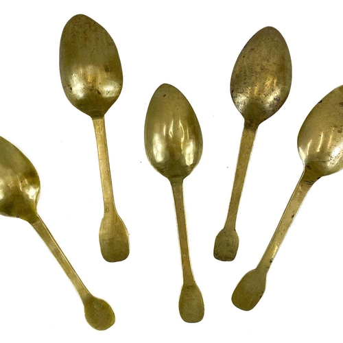 136 - A group of eight French brass spoons. 19th century, the finials variously punch struck with acorns, ... 