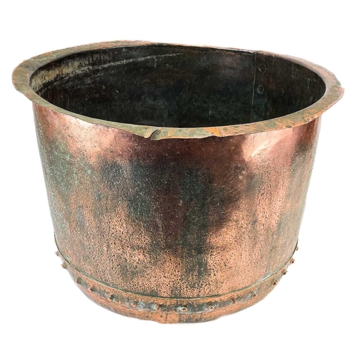 144 - A large late Victorian riveted copper cauldron. Height 42cm diameter 56cm.