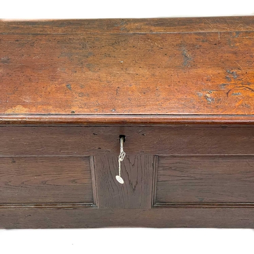 148 - An oak sword chest or kist. Early 18th century, with internal compartment and two panel front, on st... 