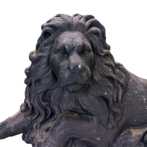 152 - A pair of Victorian painted cast iron lion and unicorn figures. Length 70 and 64cm.No structural dam... 