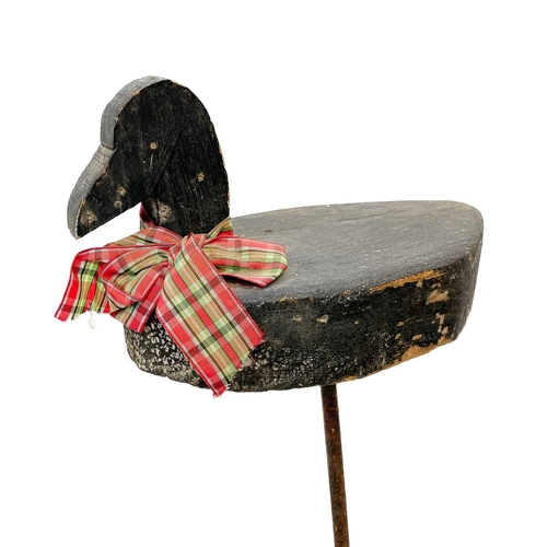 156 - Three French folk art decoy ducks. Early 20th century, of primitive outline, on steel rods, the tall... 