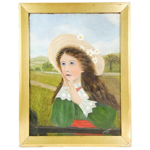 175 - S M Dunkerton? Primitive portrait of a young lady, signed and dated 1909, oil on panel, 50X37.5cm