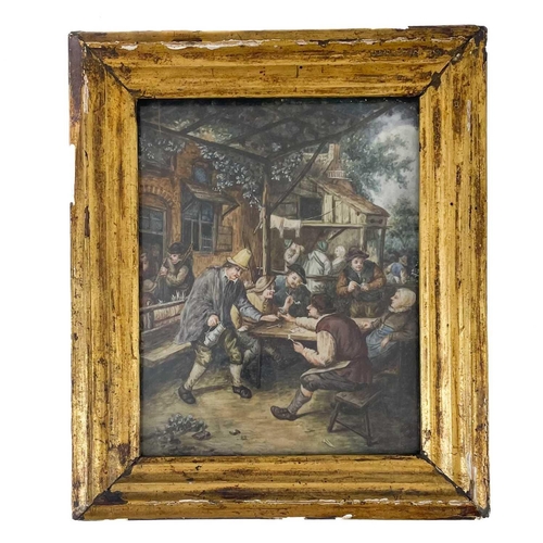 176 - After Adriaan Van Ostade. Revellers carousing outside a tavern, watercolour, 14X10.5cm