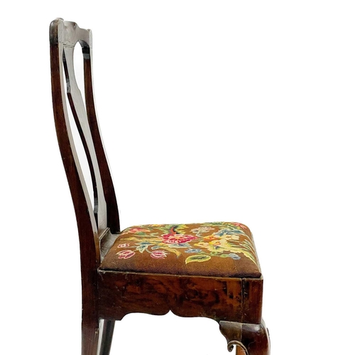 181 - A good George I oak side chair. With vase shape splat back, floral and foliate embroidered drop-in s... 