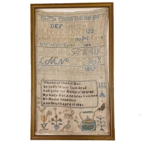 187 - A 19th century sampler. By Ann Skues aged 11 dated 1841, 40cm x 24cm, together with another sampler ... 