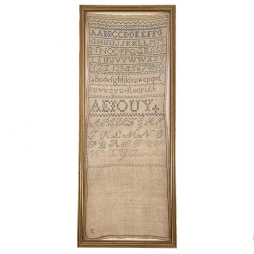 187 - A 19th century sampler. By Ann Skues aged 11 dated 1841, 40cm x 24cm, together with another sampler ... 